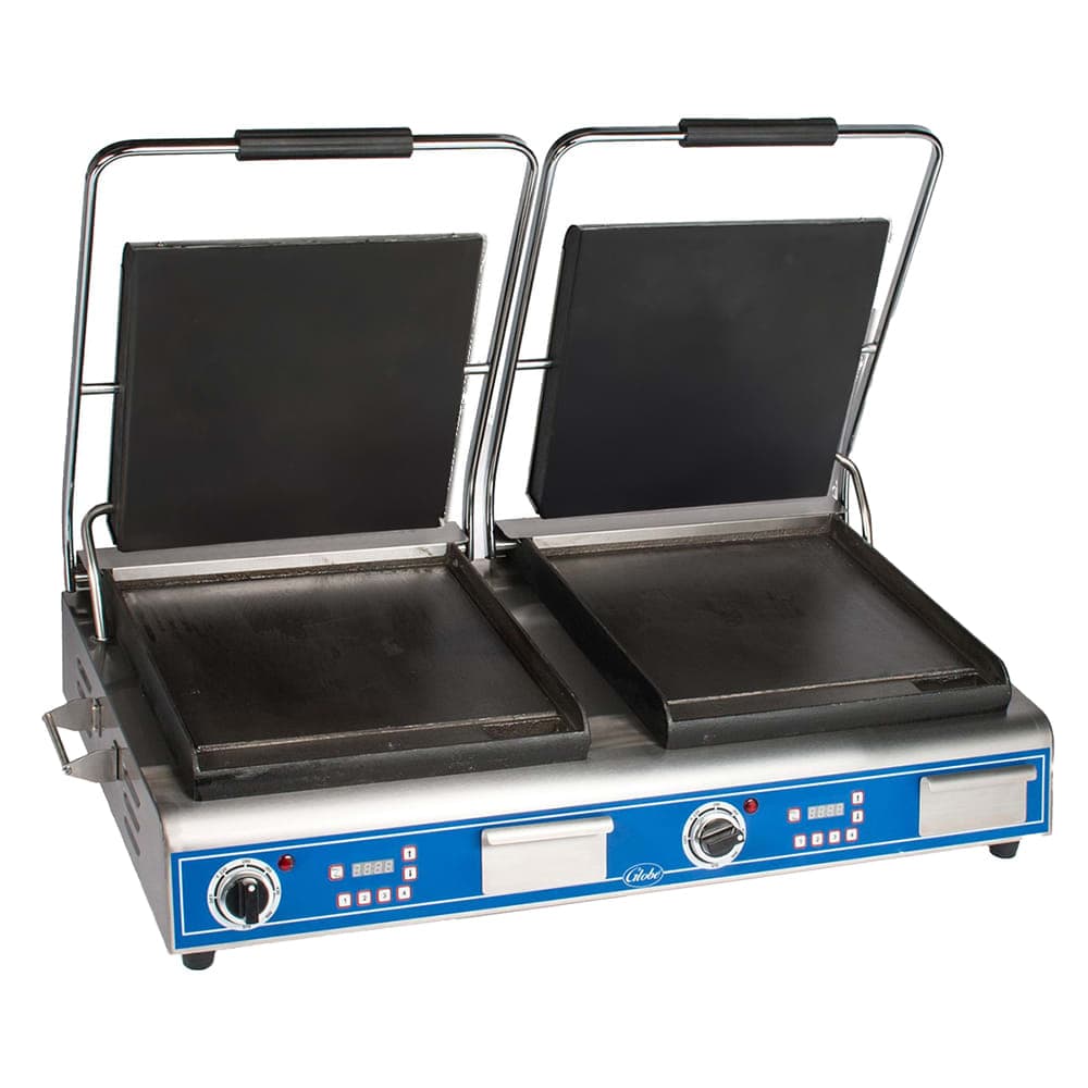 Globe GSGDUE14D Double Commercial Panini Press w/ Cast Iron Smooth Plates, 208-240v/1ph