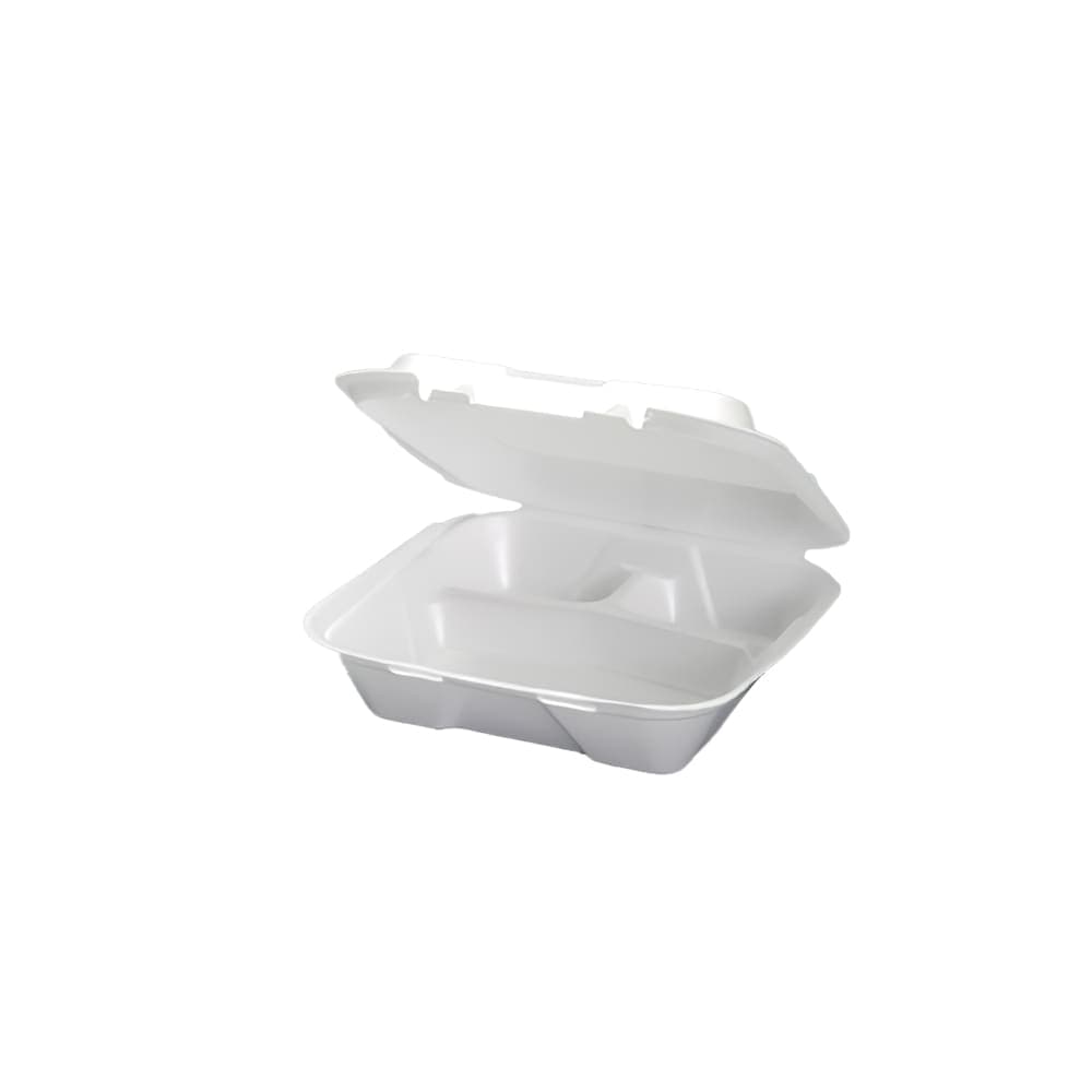 Genpak SN203 Hinged Lid Food Container - 9 1/4"L x 9 1/4"W x 3"H, Foam, White