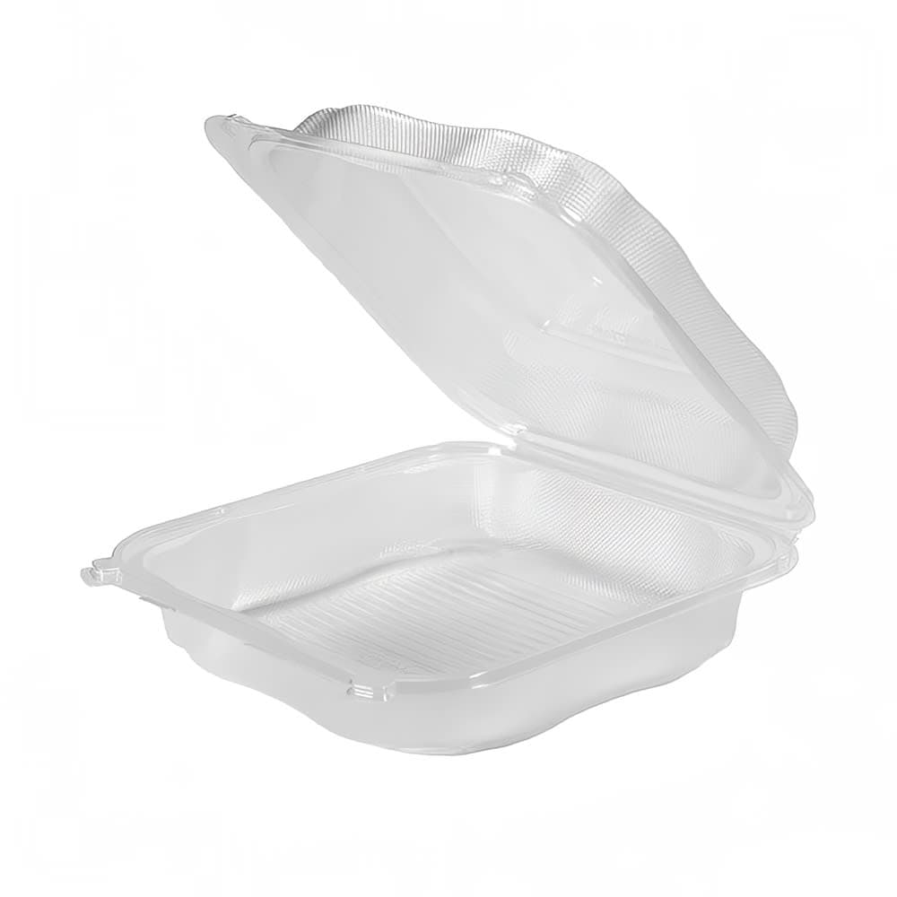 Genpak CLX199---CL Hinged Lid Food Container - 9 11/16"L x 9 1/4"W x 2 7/8"H, Polypropylene, Clear