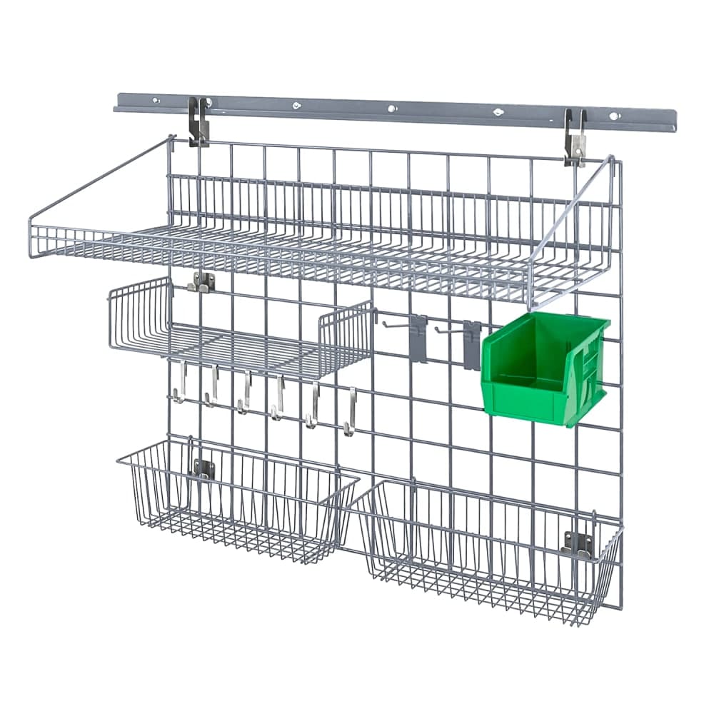 Quantum Food Service 40" Store Grid Wire Wall Mounted Shelf w/ Green Bin, Gray (SGK-401836-4GY)