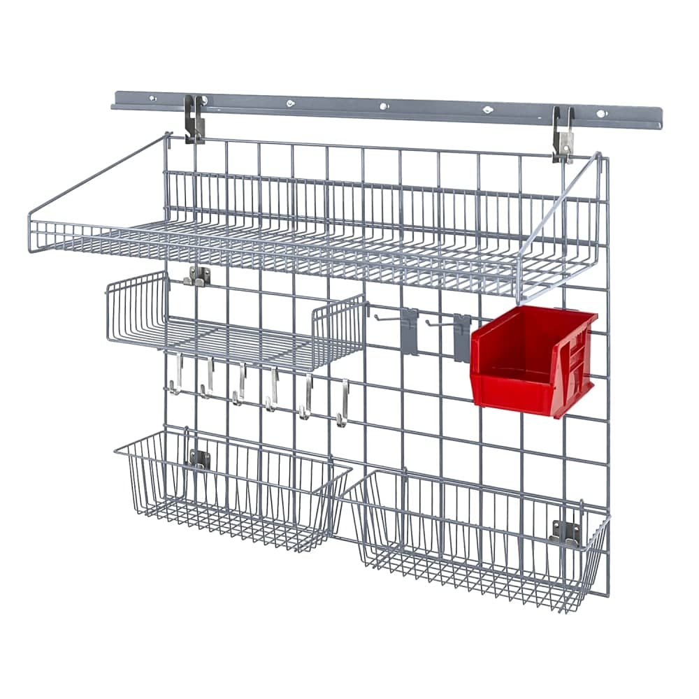 Quantum Food Service 40" Store Grid Wire Wall Mounted Shelf w/ Red Bin, Gray (SGK-401836-4GY)