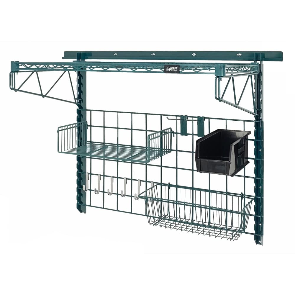 Quantum Food Service 40" Store Grid Wire Wall Mounted Shelf w/ Black Bin, Green (SGK-401836-4P)