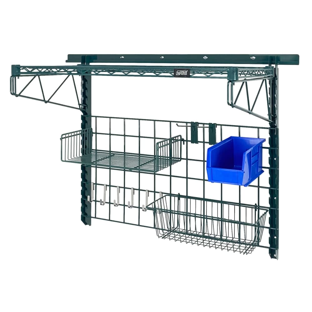 Quantum Food Service 40" Store Grid Wire Wall Mounted Shelf w/ Blue Bin, Green (SGK-401836-4P)