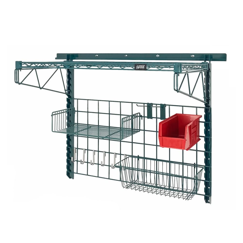 Quantum Food Service 40" Store Grid Wire Wall Mounted Shelf w/ Red Bin, Green (SGK-401836-4P)