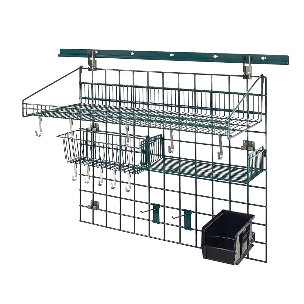 Quantum Food Service 40" Store Grid Wire Wall Mounted Shelf w/ Black Bin, Green (SGK-403036-2P)