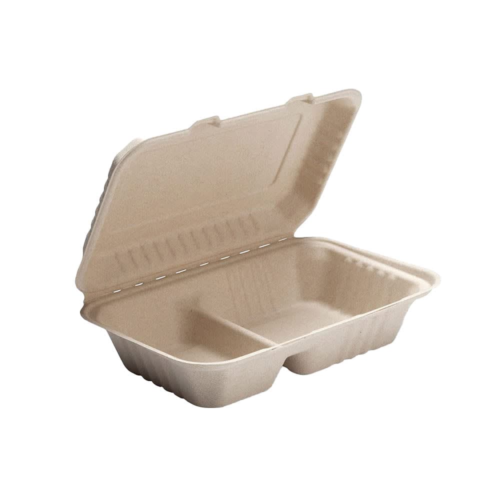 Vegware (2) Compartment Hinged Lid Food Container - 9" x 6", Molded Fiber, Natural Brown (ECO-HOAGIE2)
