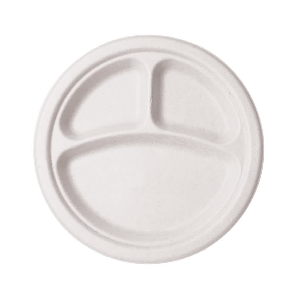 Vegware 10" Round Disposable Plate w/ (3) Compartments - Molded Fiber, White (WHBRG-10-3)