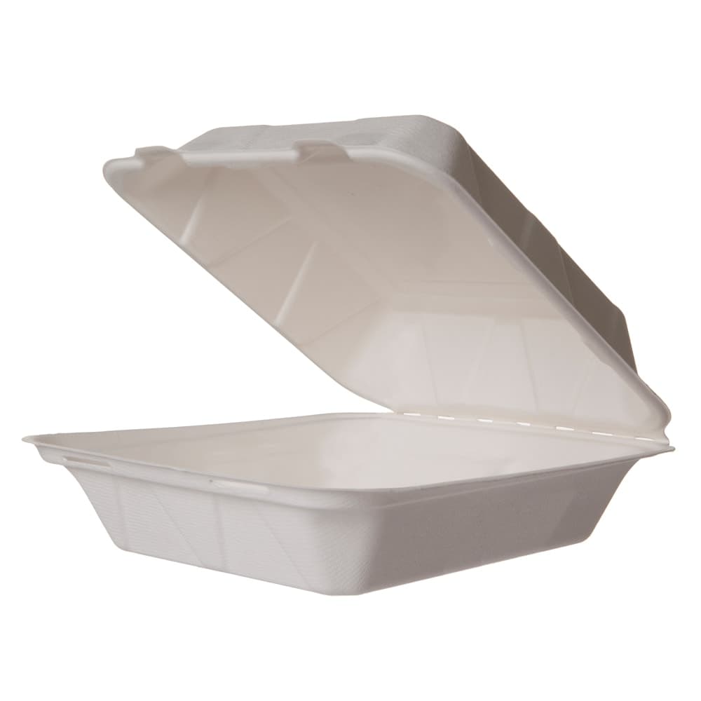 Vegware Hinged Lid Food Container - 8" x 8", Molded Fiber, White (WHBRG-8HW)