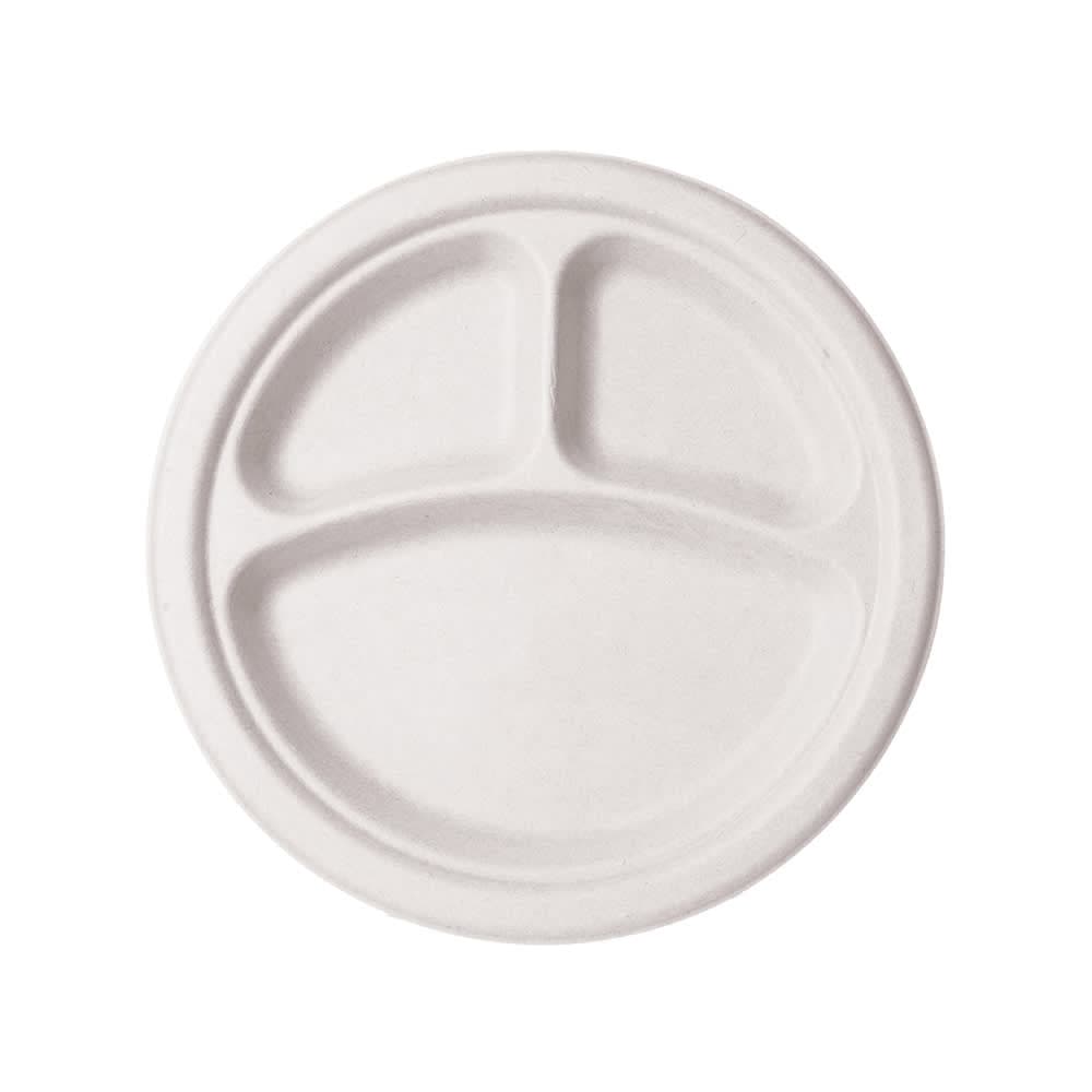 Vegware 9" Round Disposable Plate w/ (3) Compartments - Molded Fiber, White (WHBRG-9-3)