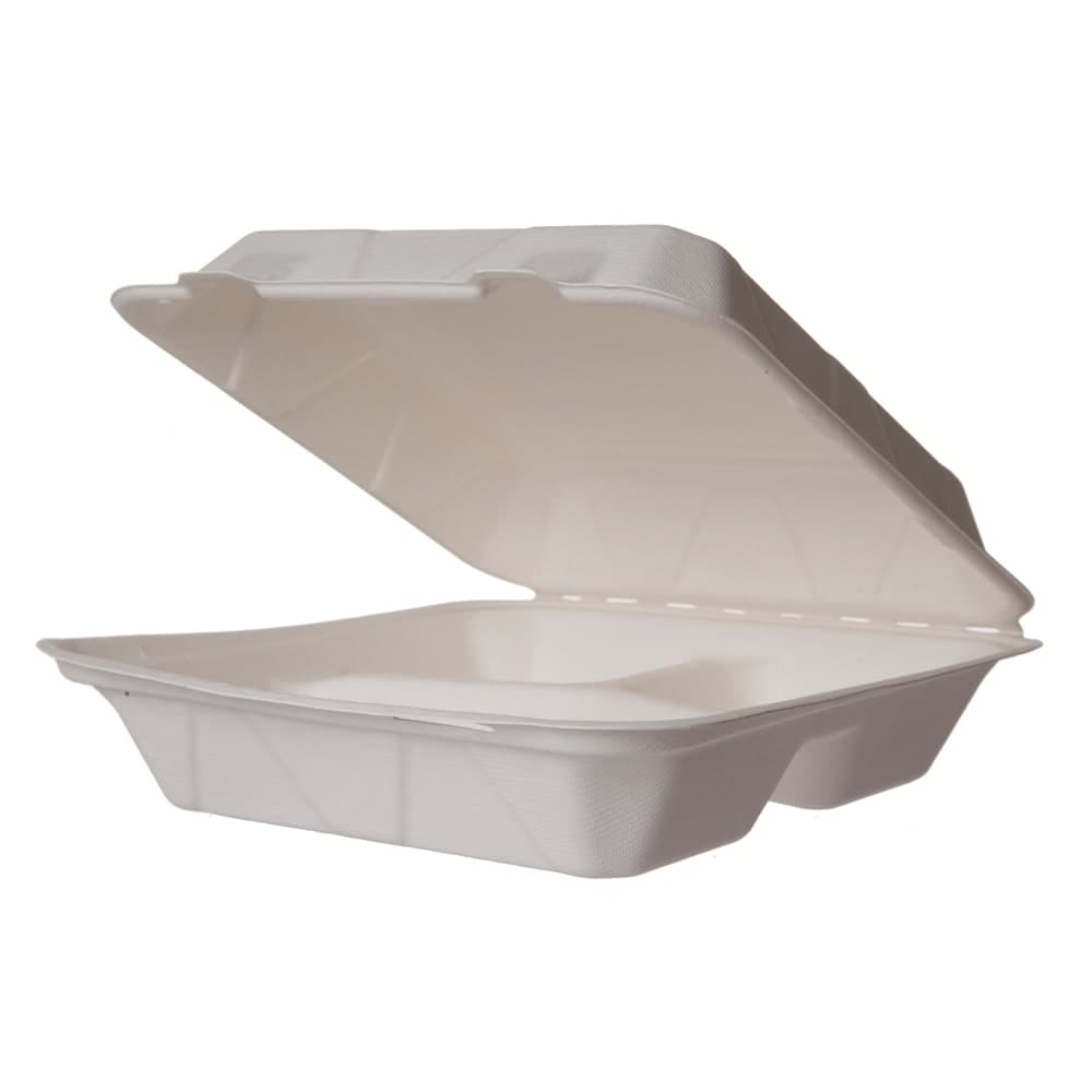 Vegware (3) Compartment Hinged Lid Food Container - 9" x 9", Molded Fiber, White (WHBRG-9-3HW)