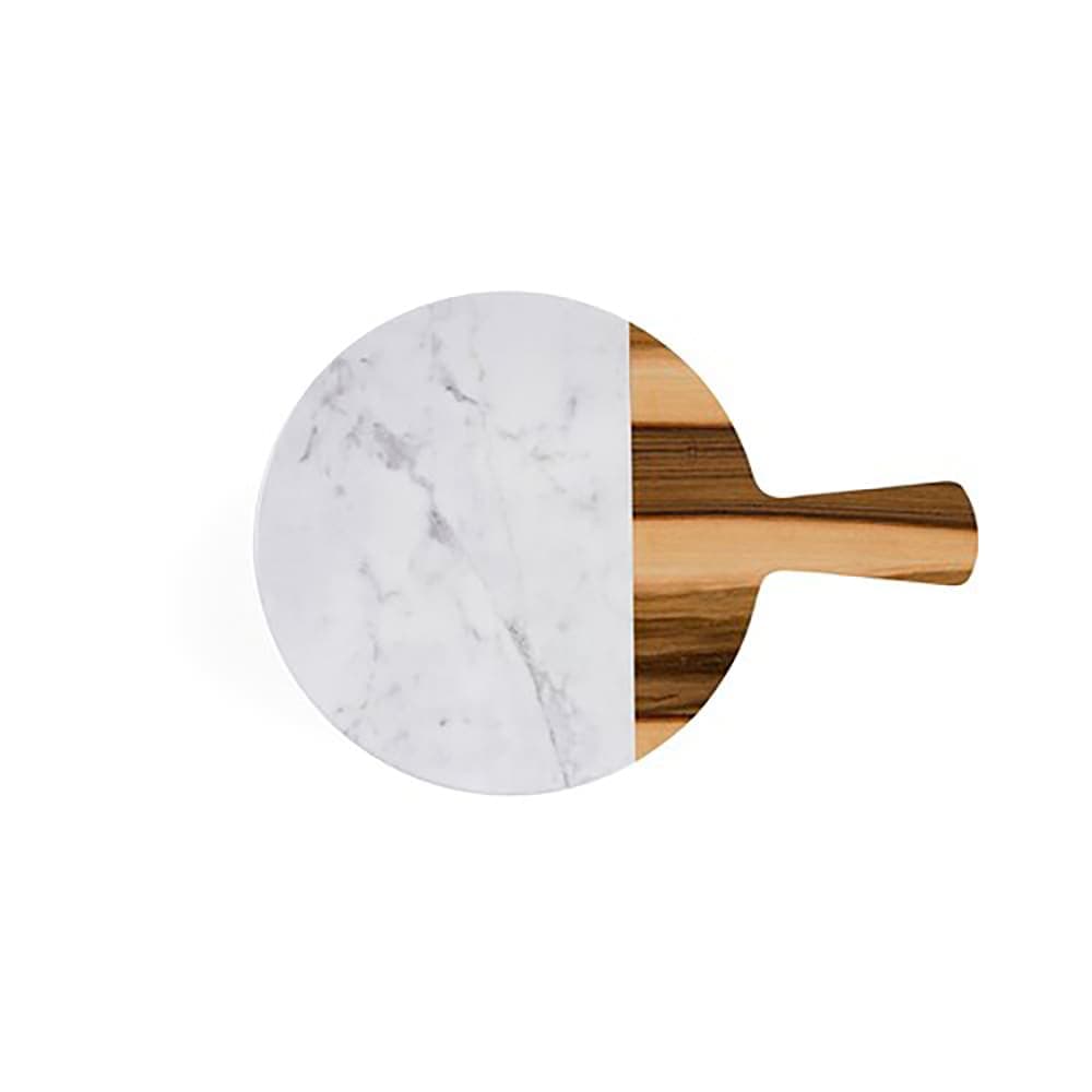 Elite Global Solutions 12" Round Sierra Serving Board - Melamine, Faux Hickory Wood/ Carrara Marble (M12RWM-HWC)