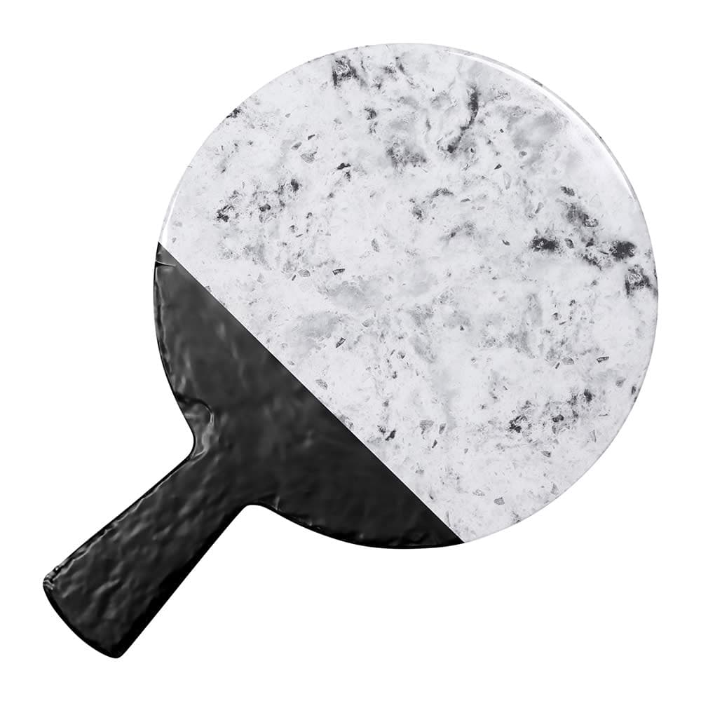 Elite Global Solutions 12" Round Horizon Slate Serving Board w/ Handle - Melamine, Black Slate/Faux Horizon Marble (M12RWSM-BH)