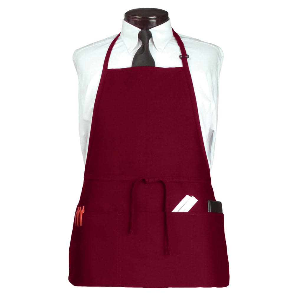 Chef Revival 3 Pocket Bib Apron w/ Adjustable Neck strap - 26" x 23", Polyester, Burgundy (CL3PBIABGFP-1)