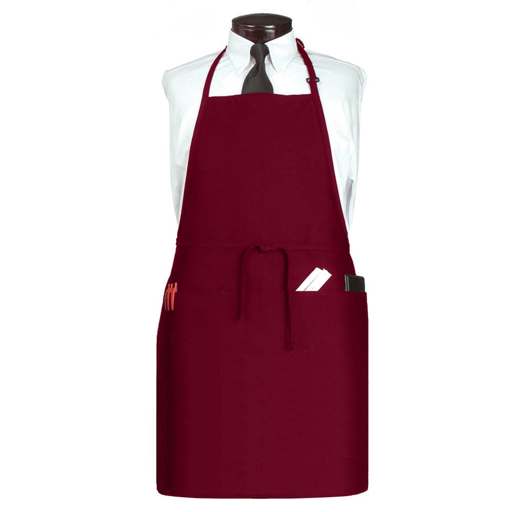 Chef Revival 3 Pocket Bib Apron w/ Adjustable Neck strap - 26" x 31", Polyester, Burgundy (CL3PBIAELBG-1)
