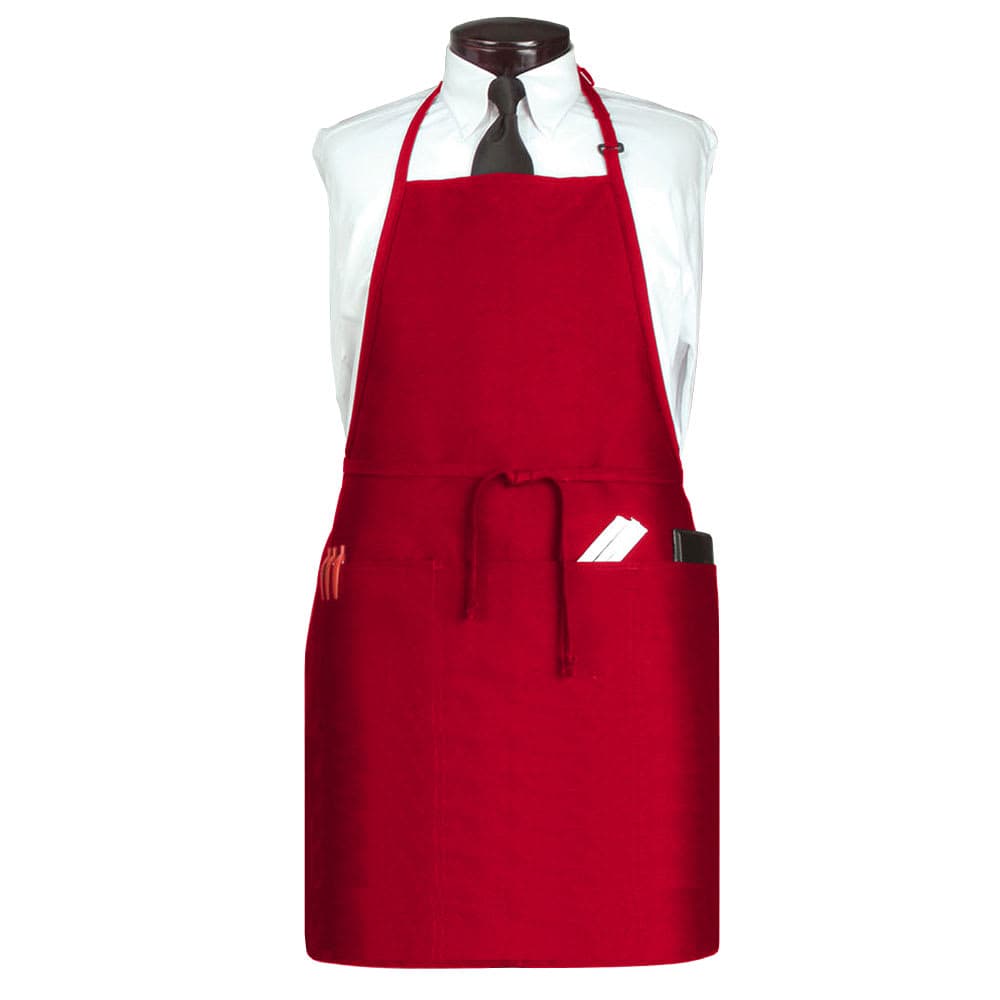 Chef Revival 3 Pocket Bib Apron w/ Adjustable Neck strap - 26" x 31", Polyester, Red (CL3PBIAELRD-1)