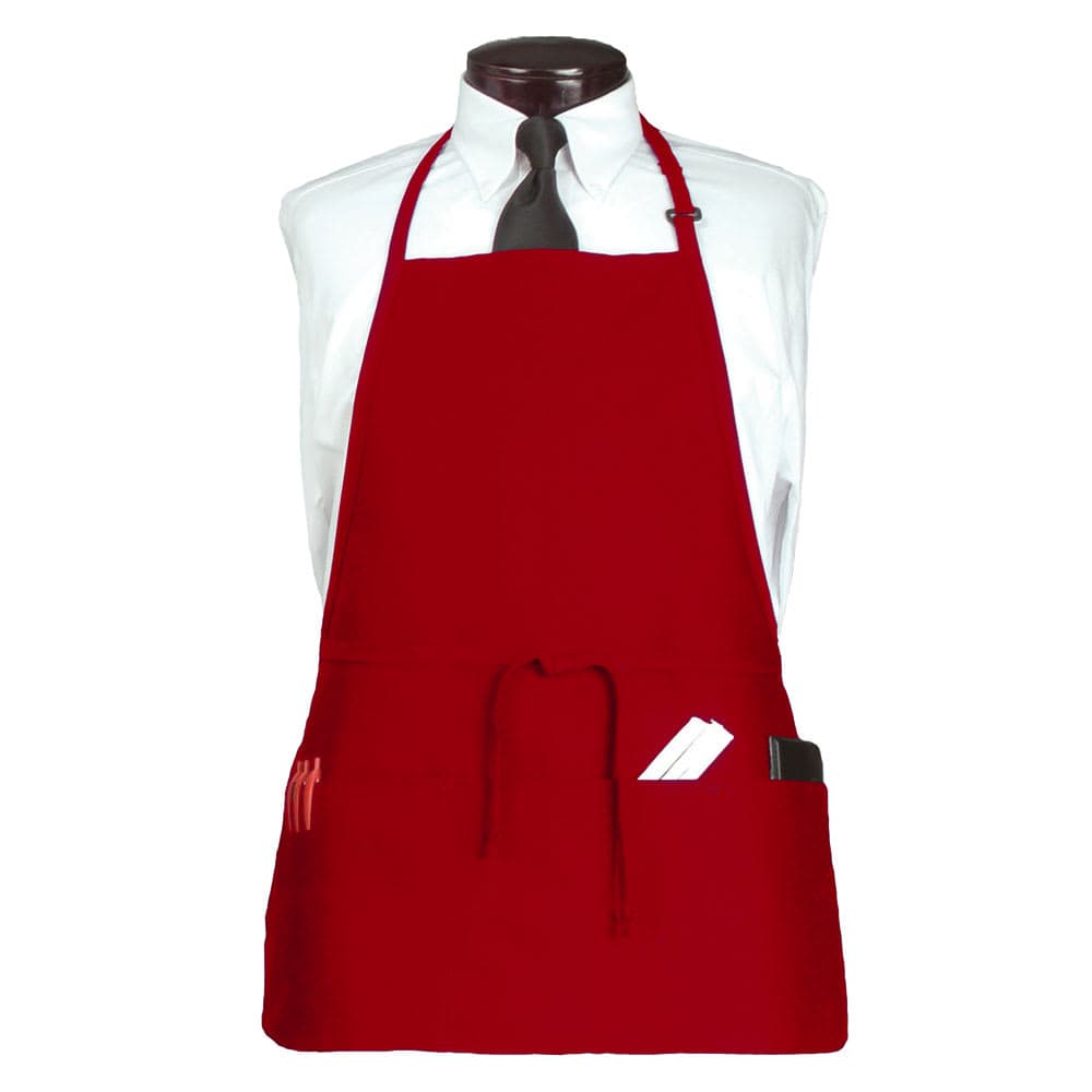 Chef Revival 3 Pocket Bib Apron w/ Adjustable Neck strap - 26" x 23", Polyester, Red (CL3PBIARDFP-1)