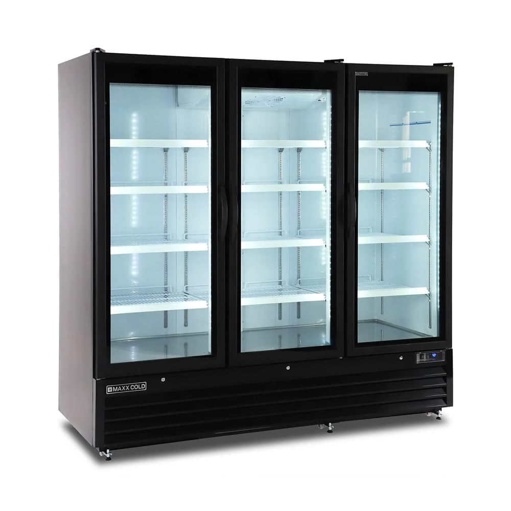 Maxx Cold MXGDM-73RBHC 81" X-Series Three Section Glass Door Merchandiser - (3) Left/Right Hinge Doors, Black, 120v