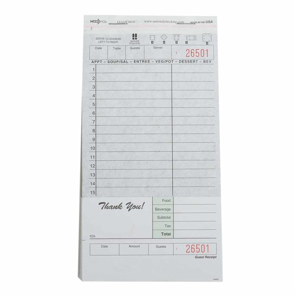 National Checking Company Guest Check - (2) Parts Booked, (15) Lines (926SW)