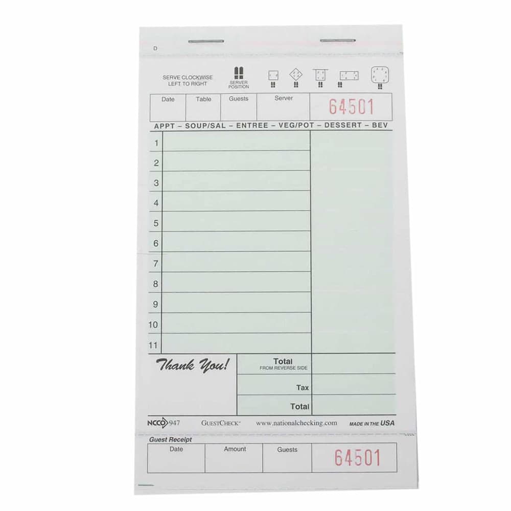 National Checking Company Guest Check - (2) Parts Booked, (11) Lines (947SW)