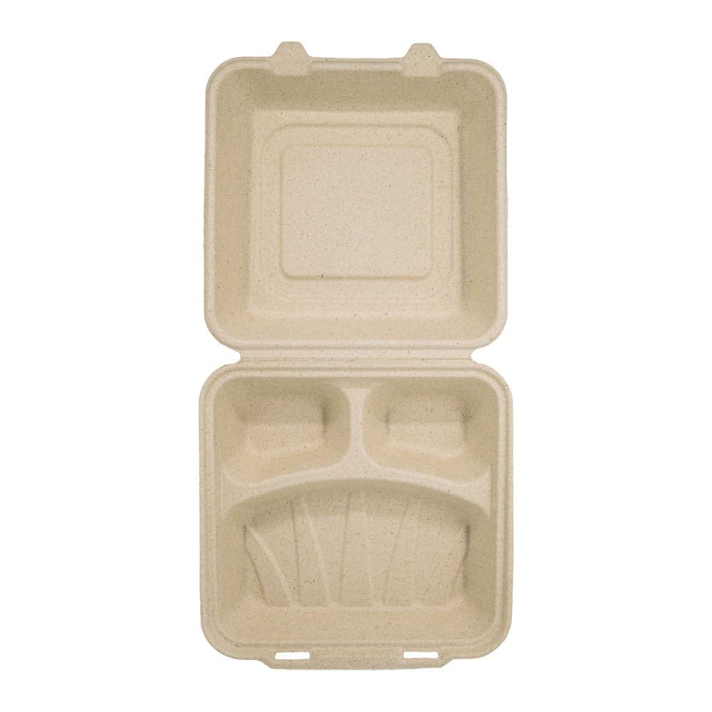 Genera 8" Square Disposable To Go Food Container w/ (3) Compartments - Molded Fiber, Natural (TCA8X83CB200IN)