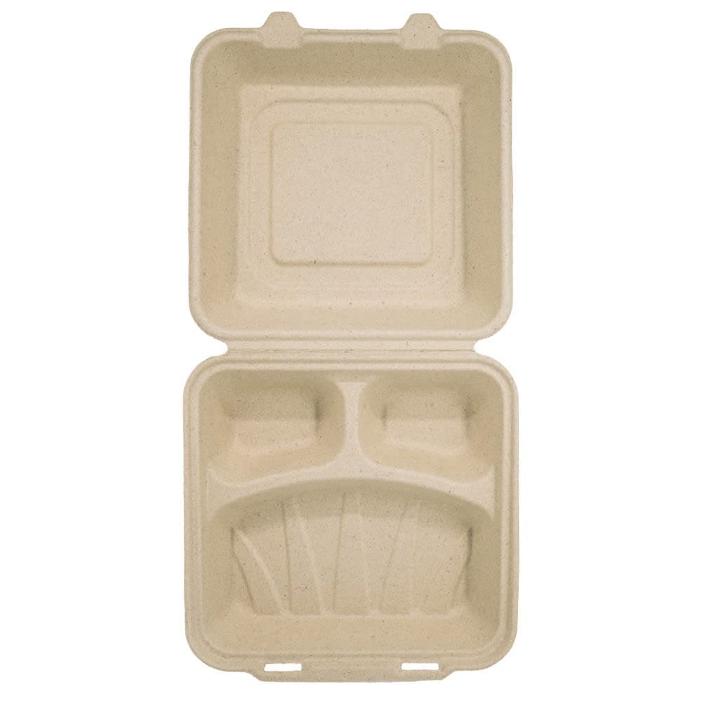Genera 9" Square Disposable To Go Food Container w/ (3) Compartments - Molded Fiber, Natural (TCA9X93CB200IN)