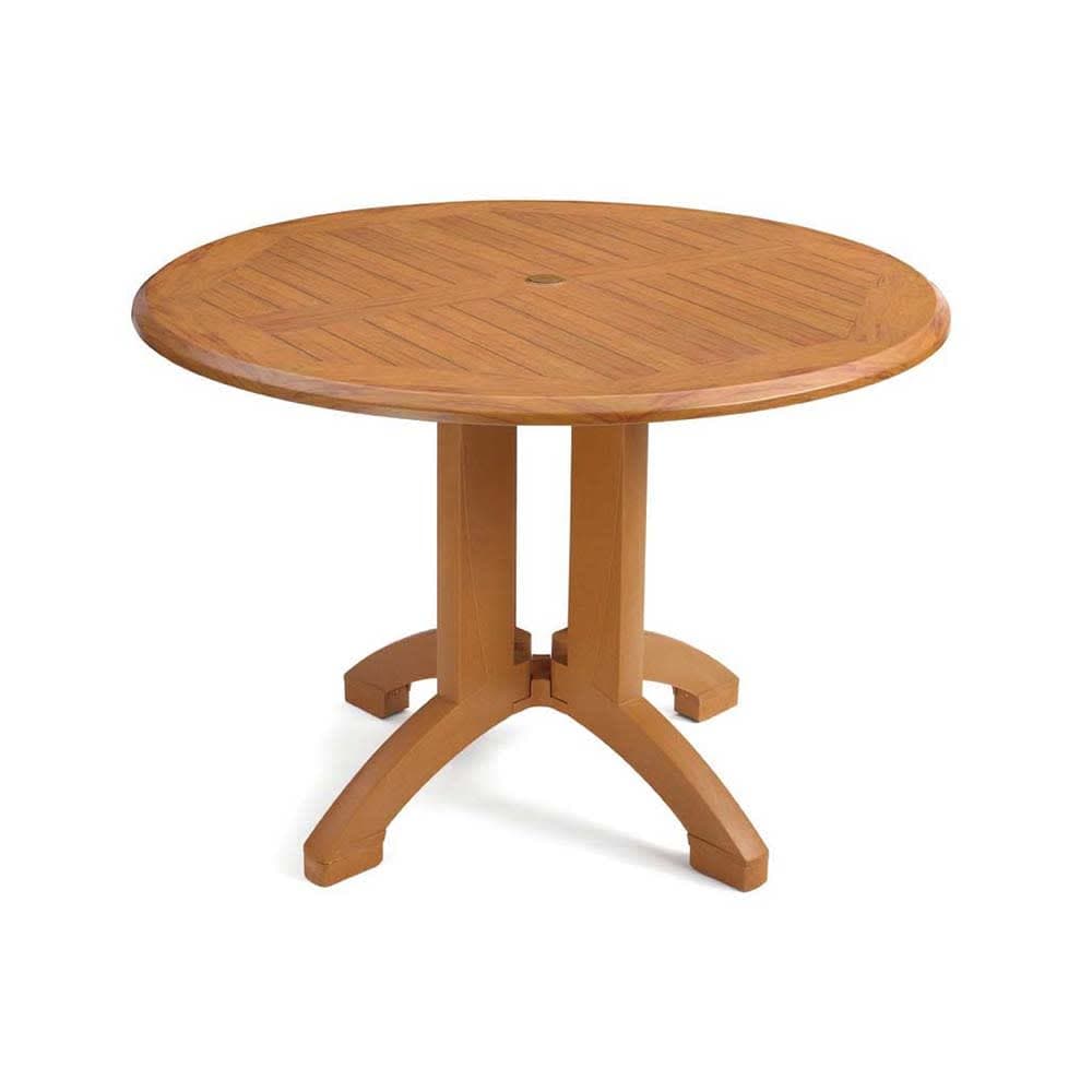 Grosfillex UT380008 42" Round Atlanta Outdoor Table w/ Umbrella Hole - Melamine, Teakwood