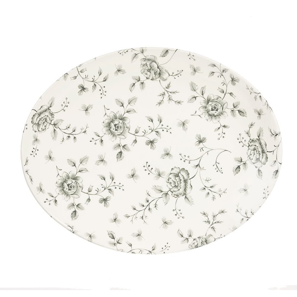 Churchill Oval Vintage Prints Plate - 12 1/2" x 10", Ceramic, Gray Rose Chintz (RCGOP121)