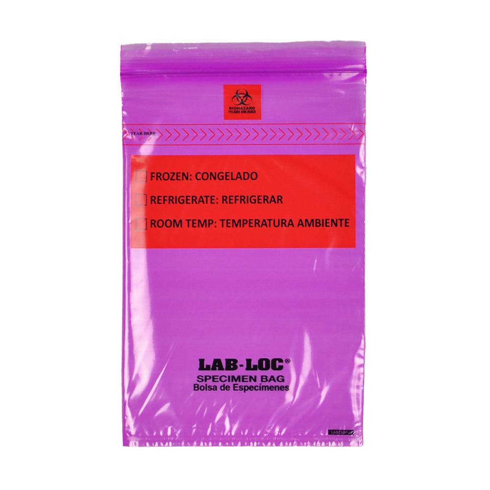 LK Packaging Lab-Loc® Specimen Bags w/ Removable Biohazard Symbol - 6" x 9", Polyethylene, Purple (LABZ69PU)
