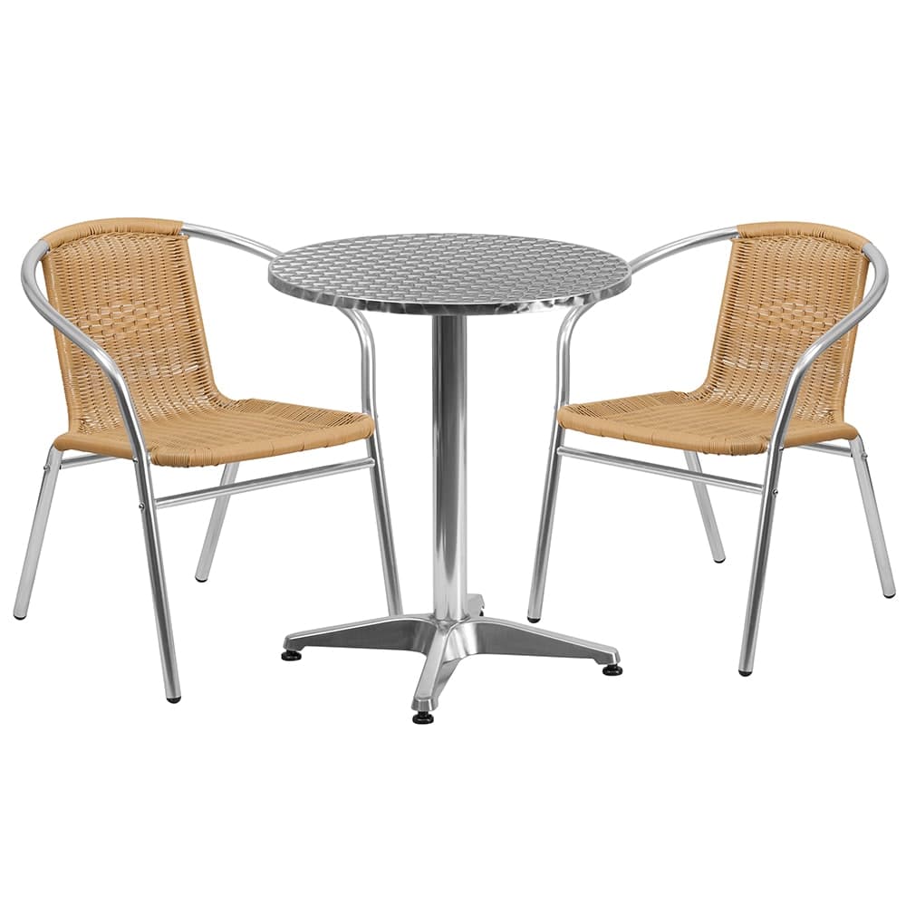 Flash Furniture TLH-ALUM-24RD-020BGECHR2-GG 23 1/2" Round Patio Table & (2) Beige Rattan Arm Chair Set - Stainless Top, Aluminum Base