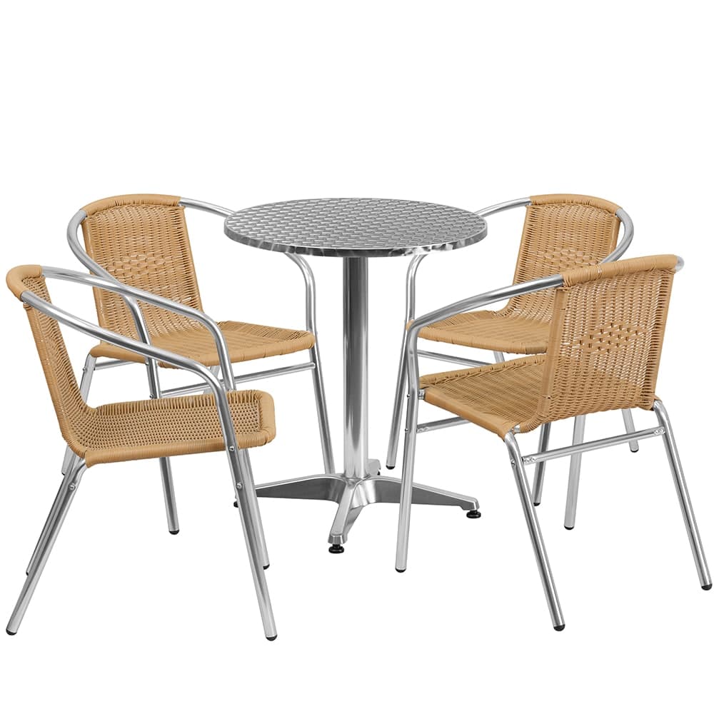 Flash Furniture TLH-ALUM-24RD-020BGECHR4-GG 23 1/2" Round Patio Table & (4) Beige Rattan Arm Chair Set - Stainless Top, Aluminum Base