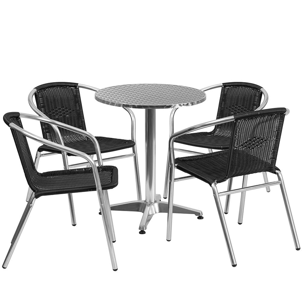 Flash Furniture TLH-ALUM-24RD-020BKCHR4-GG 23 1/2" Round Patio Table & (4) Black Rattan Arm Chair Set - Stainless Top, Aluminum Base