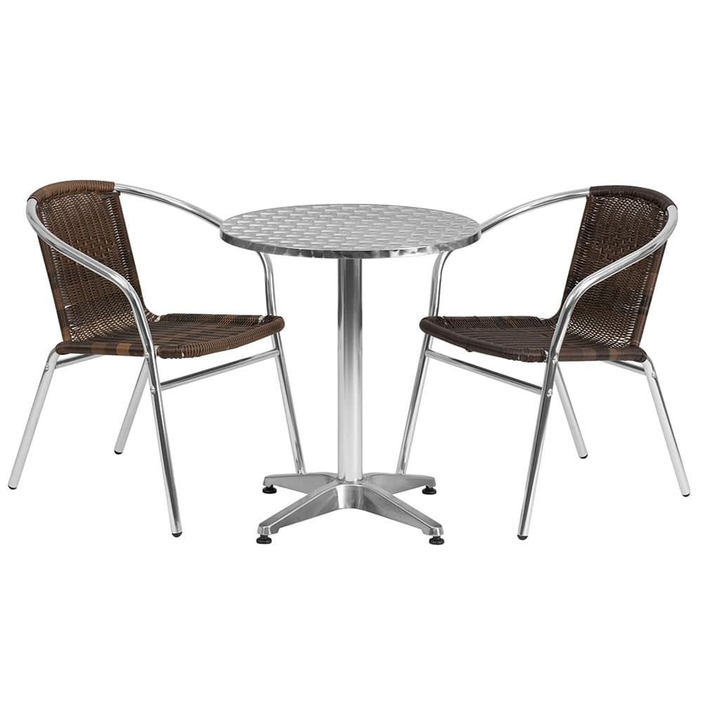 Flash Furniture TLH-ALUM-24RD-020CHR2-GG 23 1/2" Round Patio Table & (2) Brown Rattan Arm Chair Set - Stainless Top, Aluminum Base