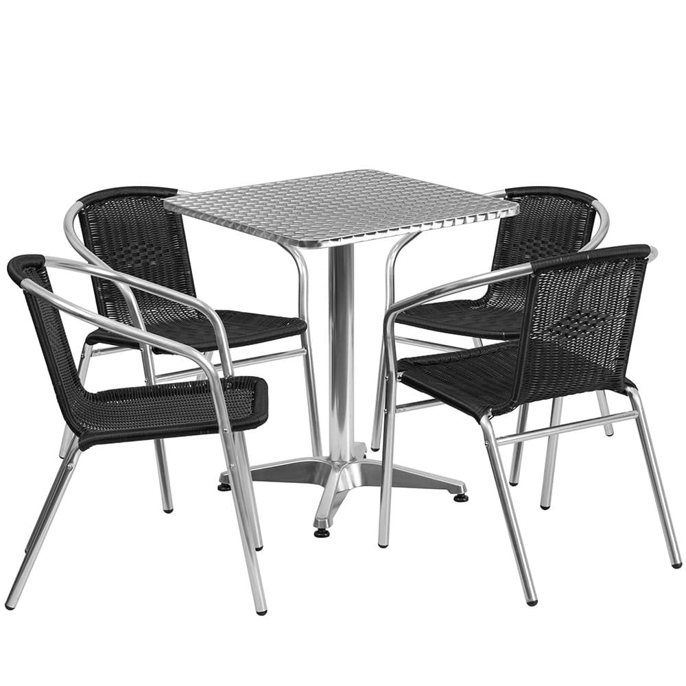 Flash Furniture TLH-ALUM-24SQ-020BKCHR4-GG 23 1/2" Square Patio Table & (4) Black Rattan Arm Chair Set - Stainless Top, Aluminum Base