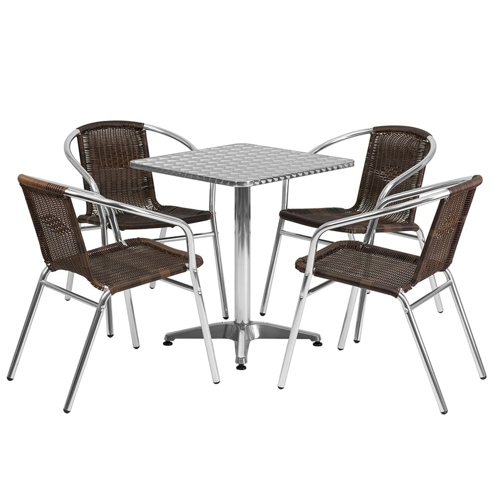 Flash Furniture TLH-ALUM-24SQ-020CHR4-GG 23 1/2" Square Patio Table & (4) Brown Rattan Arm Chair Set - Stainless Top, Aluminum Base