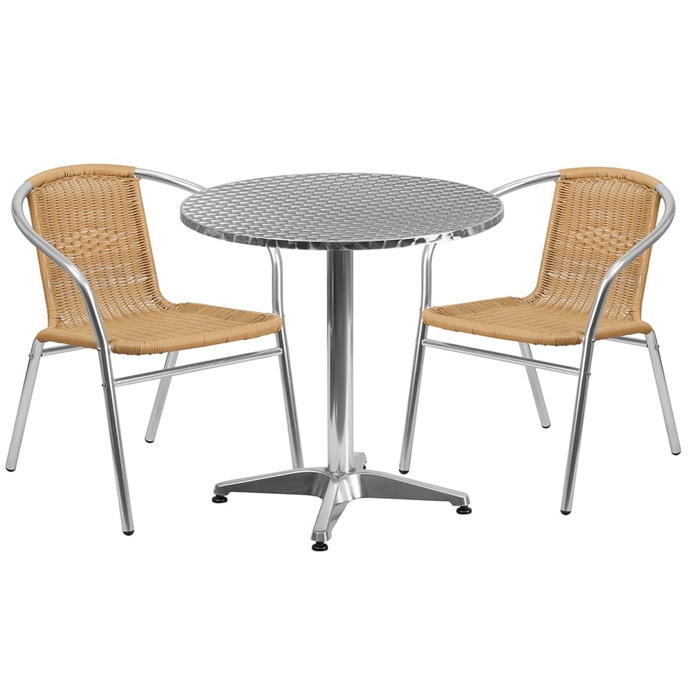 Flash Furniture TLH-ALUM-28RD-020BGECHR2-GG 27 1/2" Round Patio Table & (2) Beige Rattan Arm Chair Set - Stainless Top, Aluminum Base