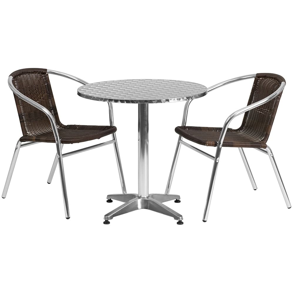 Flash Furniture TLH-ALUM-28RD-020CHR2-GG 27 1/2" Round Patio Table & (2) Brown Rattan Arm Chair Set - Stainless Top, Aluminum Base