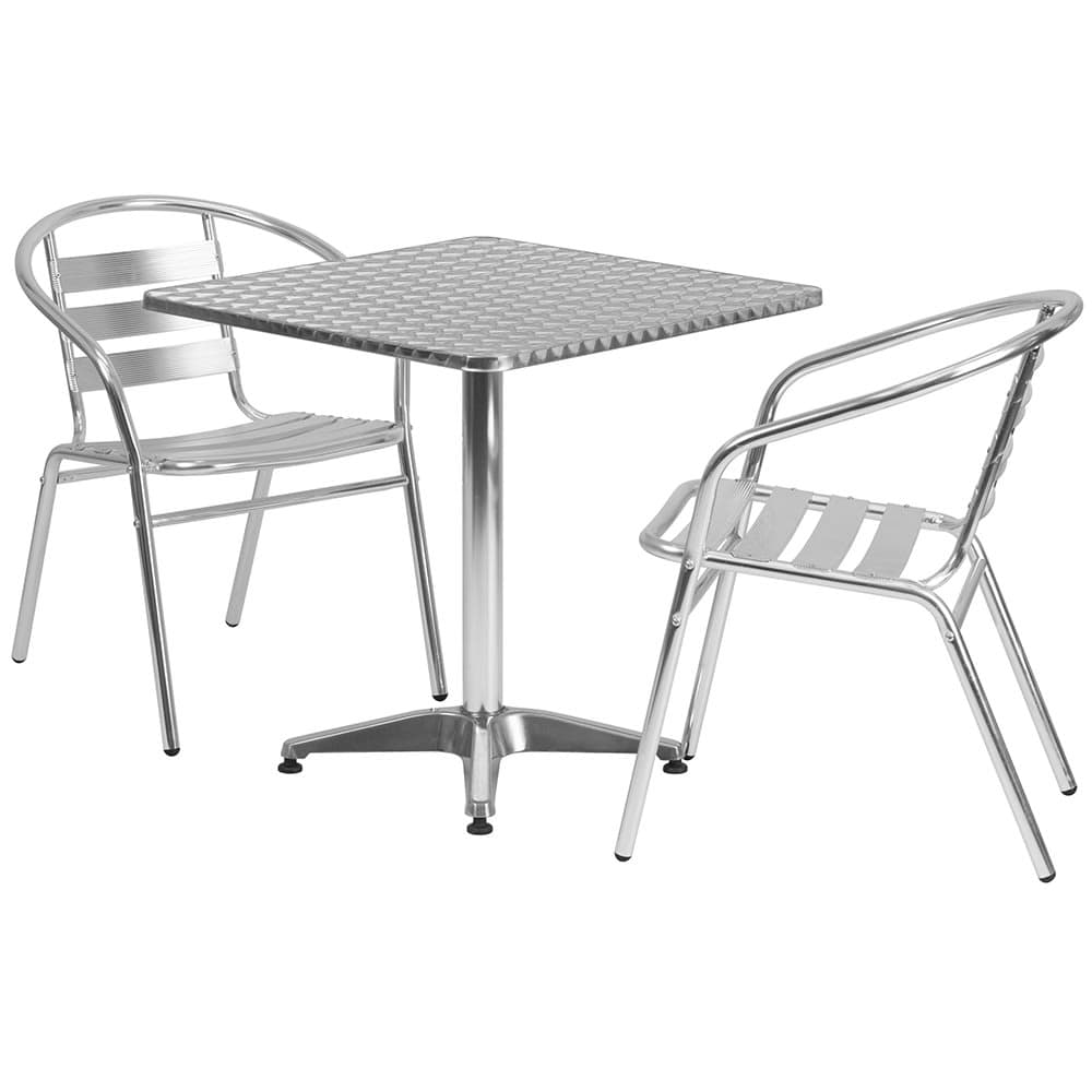 Flash Furniture TLH-ALUM-28SQ-017BCHR2-GG 27 1/2" Square Patio Table & (2) Arm Chair Set - Stainless Steel Top, Aluminum Base
