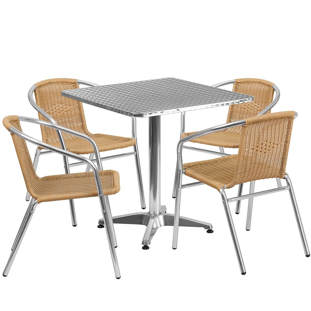 Flash Furniture TLH-ALUM-28SQ-020BGECHR4-GG 27 1/2" Square Patio Table & (4) Beige Rattan Arm Chair Set - Stainless Top, Aluminum Base