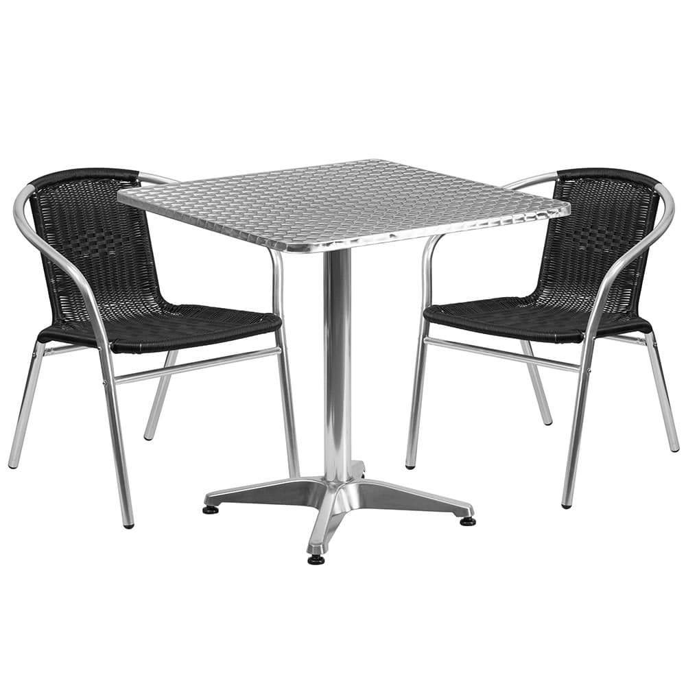 Flash Furniture TLH-ALUM-28SQ-020BKCHR2-GG 27 1/2" Square Patio Table & (2) Black Rattan Arm Chair Set - Stainless Top, Aluminum Base
