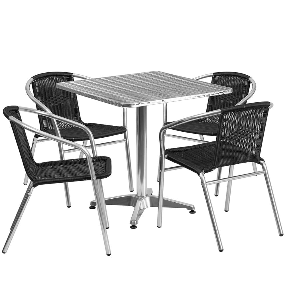 Flash Furniture TLH-ALUM-28SQ-020BKCHR4-GG 27 1/2" Square Patio Table & (4) Black Rattan Arm Chair Set - Stainless Top, Aluminum Base