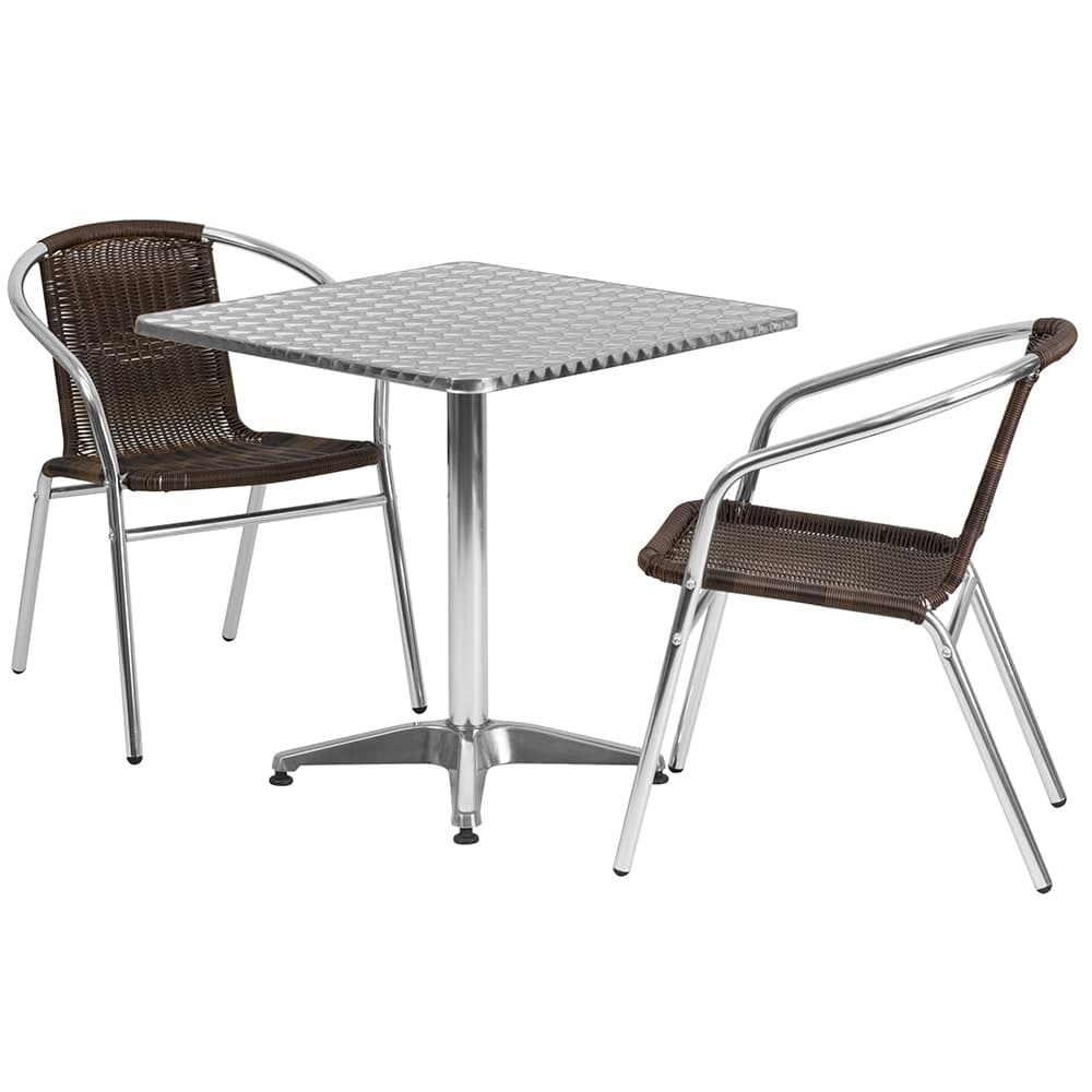 Flash Furniture TLH-ALUM-28SQ-020CHR2-GG 27 1/2" Square Patio Table & (2) Brown Rattan Arm Chair Set - Stainless Top, Aluminum Base