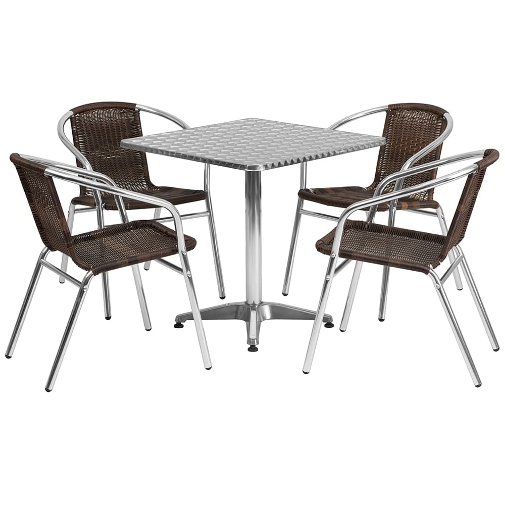 Flash Furniture TLH-ALUM-28SQ-020CHR4-GG 27 1/2" Square Patio Table & (4) Brown Rattan Arm Chair Set - Stainless Top, Aluminum Base
