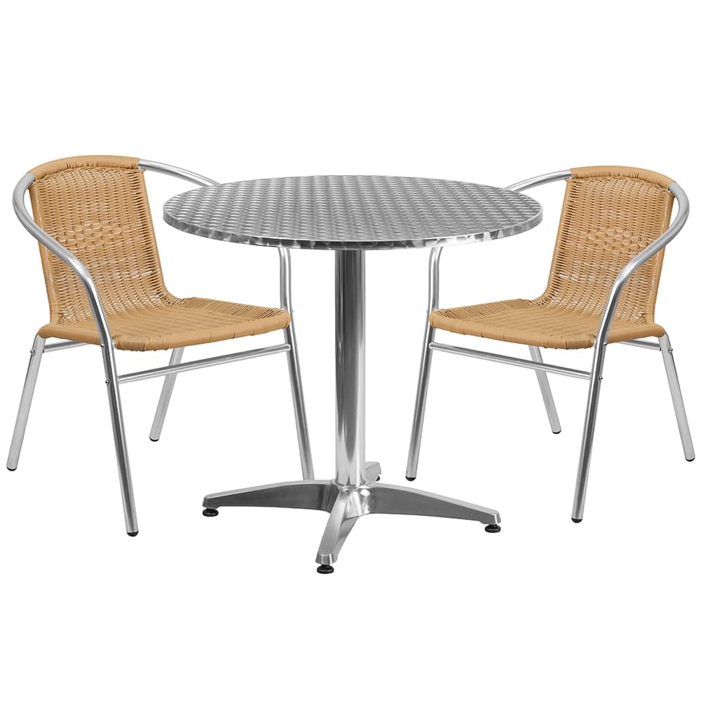 Flash Furniture TLH-ALUM-32RD-020BGECHR2-GG 31 1/2" Round Patio Table & (2) Beige Rattan Arm Chair Set - Stainless Top, Aluminum Base