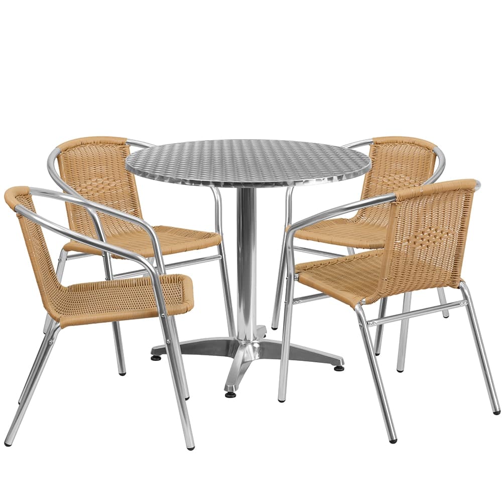 Flash Furniture TLH-ALUM-32RD-020BGECHR4-GG 31 1/2" Round Patio Table & (4) Beige Rattan Arm Chair Set - Stainless Top, Aluminum Base