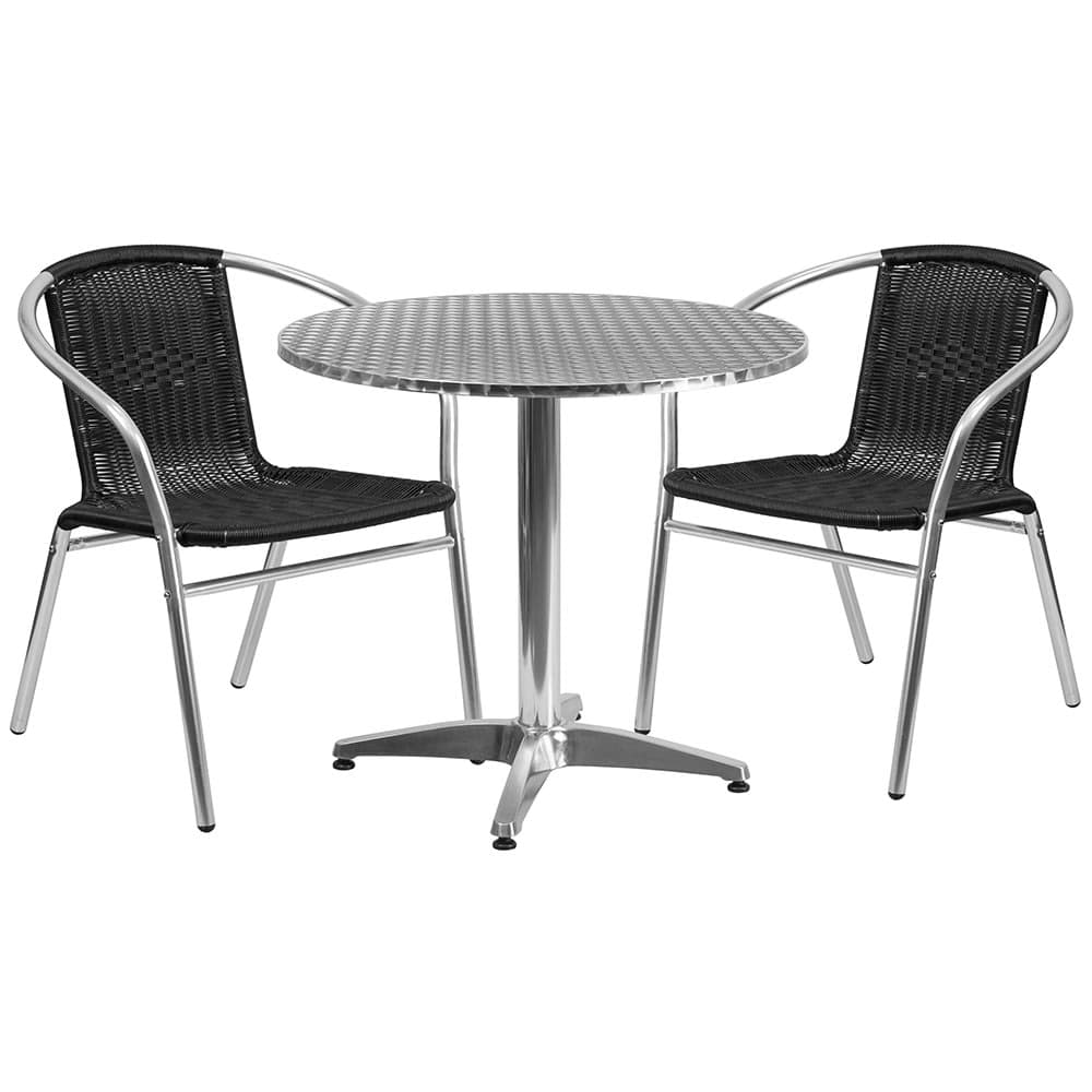 Flash Furniture TLH-ALUM-32RD-020BKCHR2-GG 31 1/2" Round Patio Table & (2) Black Rattan Arm Chair Set - Stainless Top, Aluminum Base
