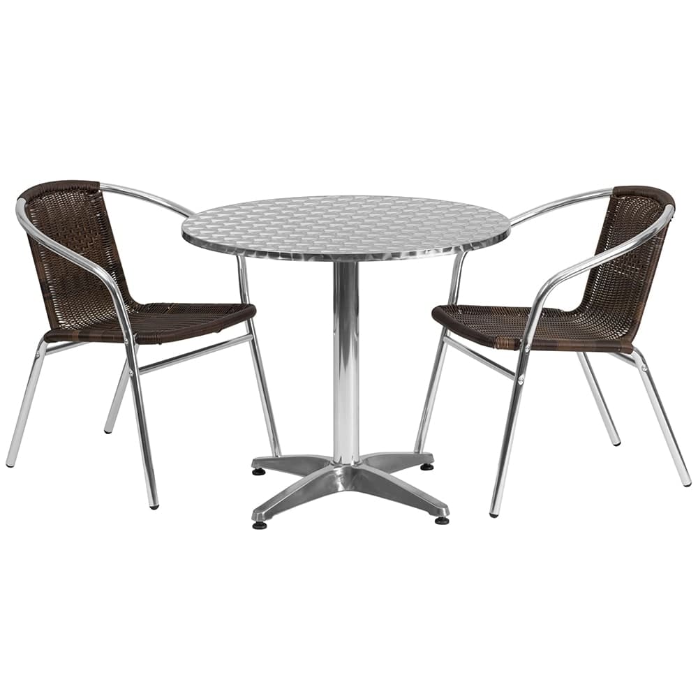 Flash Furniture TLH-ALUM-32RD-020CHR2-GG 31 1/2" Round Patio Table & (2) Brown Rattan Arm Chair Set - Stainless Top, Aluminum Base