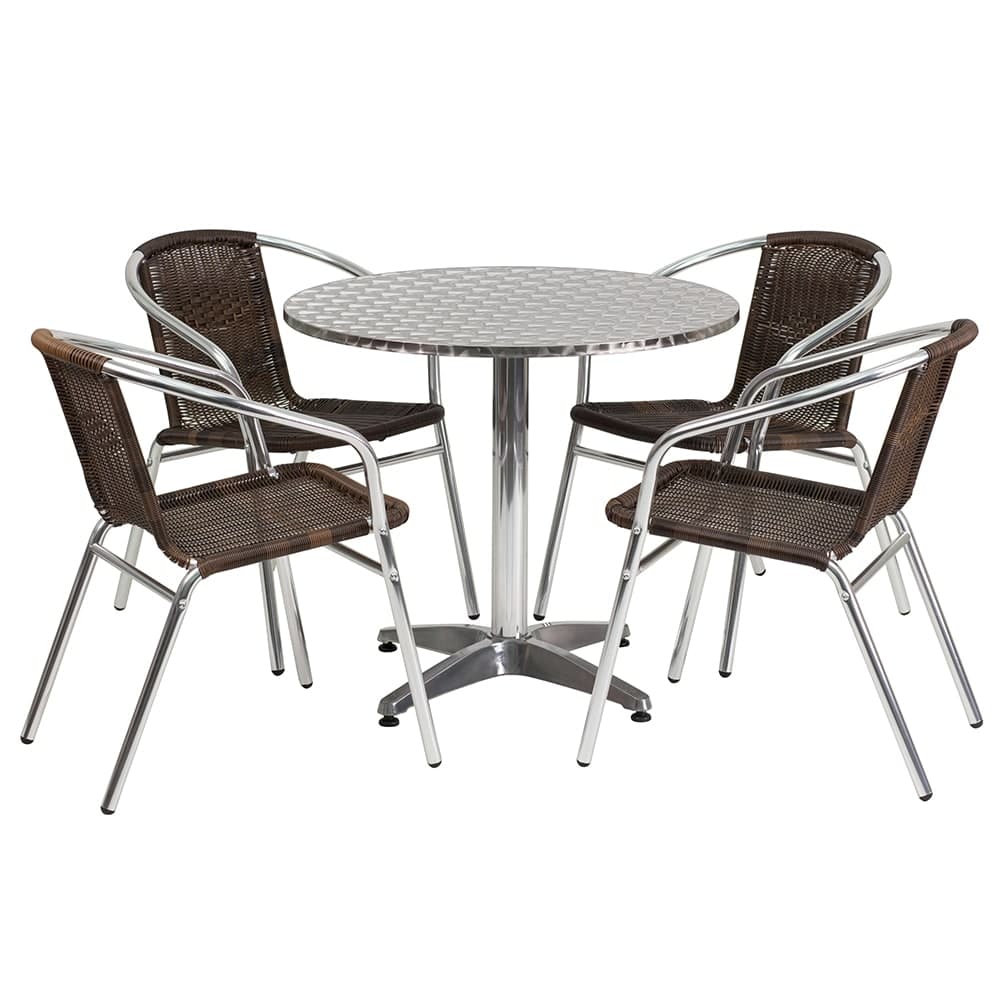 Flash Furniture TLH-ALUM-32RD-020CHR4-GG 31 1/2" Round Patio Table & (4) Brown Rattan Arm Chair Set - Stainless Top, Aluminum Base