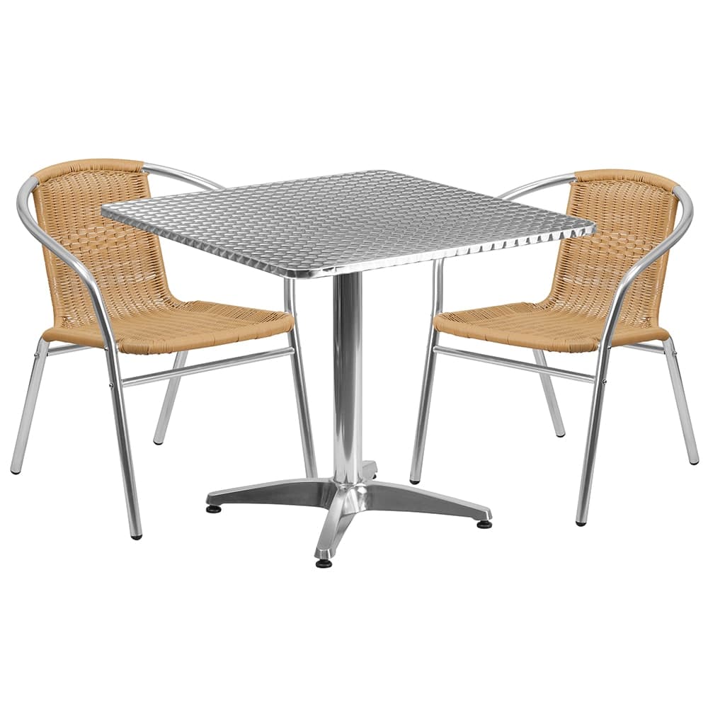 Flash Furniture TLH-ALUM-32SQ-020BGECHR2-GG 31 1/2" Square Patio Table & (2) Beige Rattan Arm Chair Set - Stainless Top, Aluminum Base