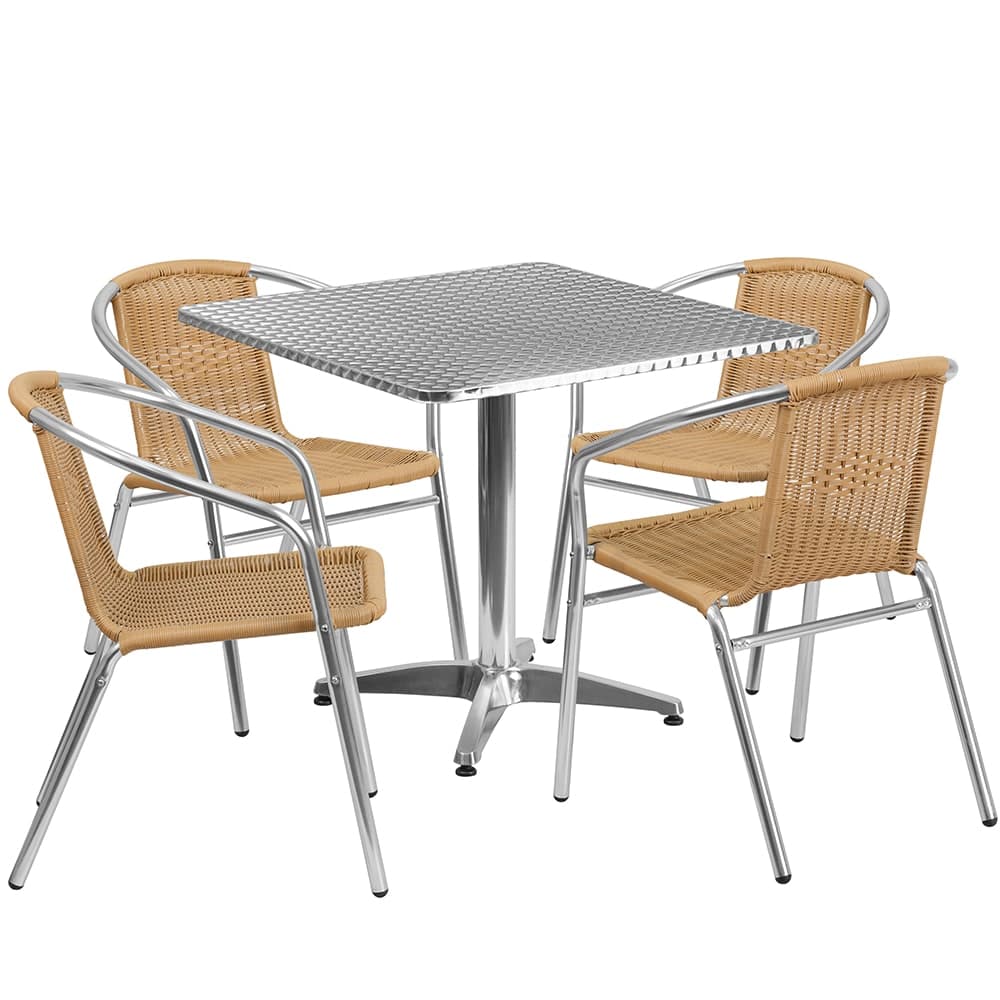 Flash Furniture TLH-ALUM-32SQ-020BGECHR4-GG 31 1/2" Square Patio Table & (4) Beige Rattan Arm Chair Set - Stainless Top, Aluminum Base