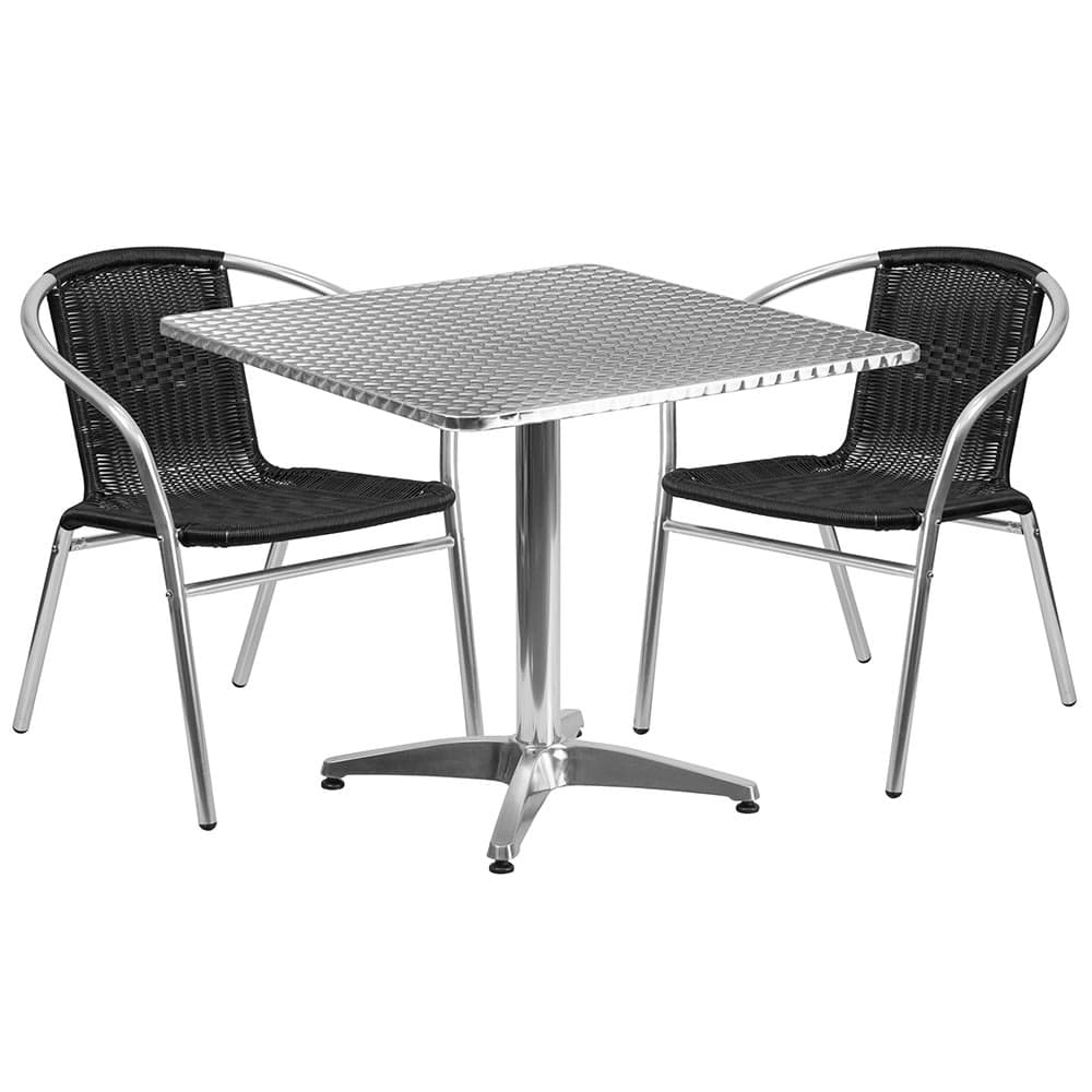 Flash Furniture TLH-ALUM-32SQ-020BKCHR2-GG 31 1/2" Square Patio Table & (2) Black Rattan Arm Chair Set - Stainless Top, Aluminum Base